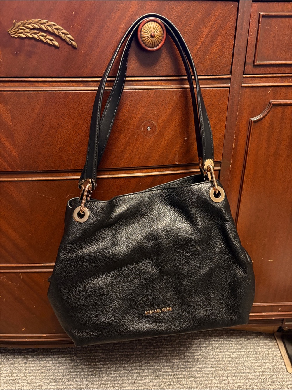 Michael Kors Black Leather Shoulder Tote with Gold Hardware